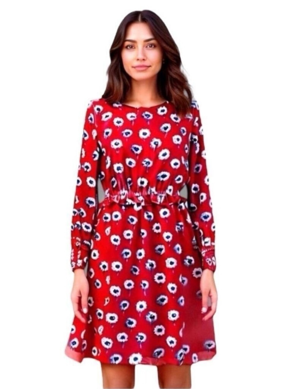 J. Crew Red Dandelion Floral Long Sleeve Dress Fully Lined Women’s Size 2